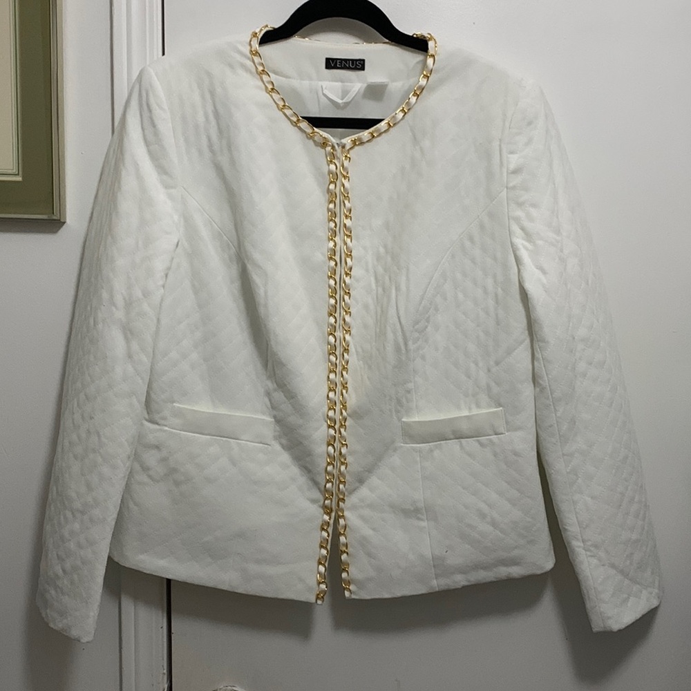 Classic VENUS White Jacket with White Ribbon and Gold Chain Detail